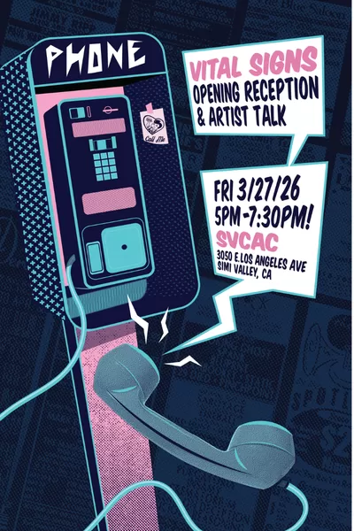 Poster for “Vital Signs” opening reception & artist talk (Fri 3/27/26, 5–7:30pm) at SVCAC with retro phone design