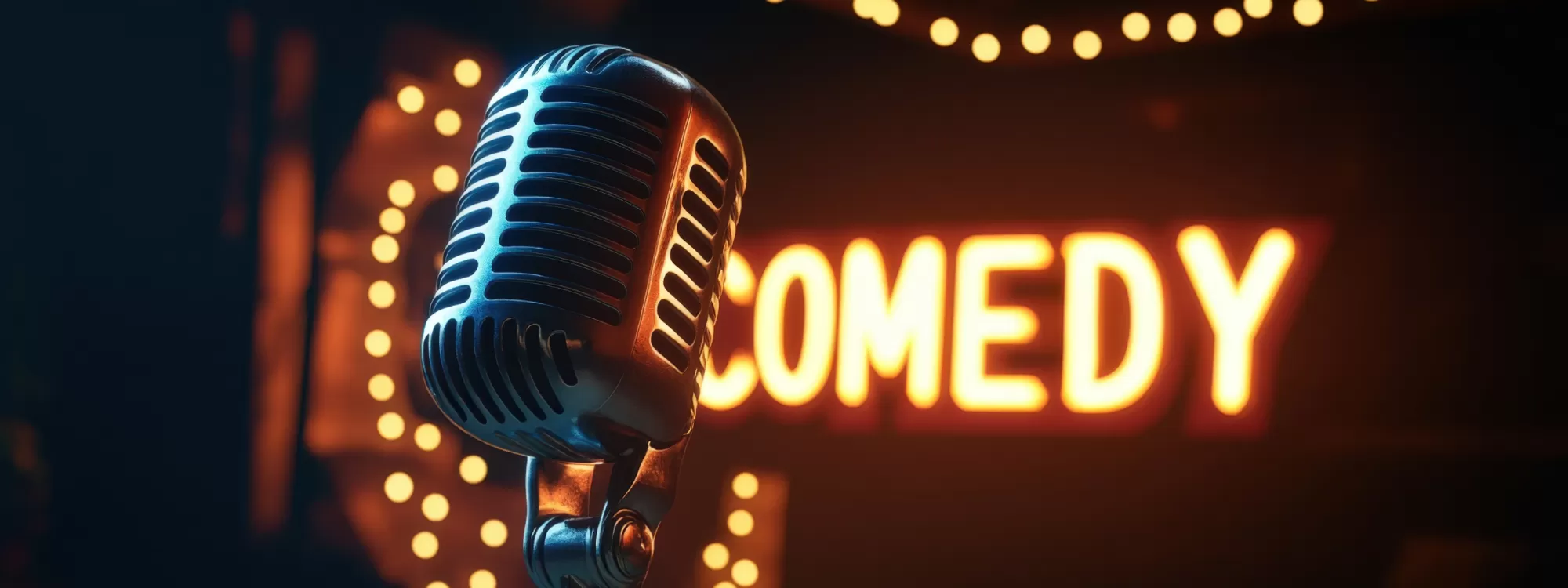 Close-up of a vintage-style microphone on a comedy club stage with warm string lights and a glowing "COMEDY" sign blurred in the background, creating an inviting live performance atmosphere.
