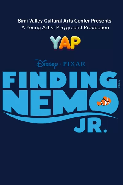 Graphic for a youth theater production of *Disney Pixar Finding Nemo Jr.* presented by the Simi Valley Cultural Arts Center. The poster features a dark blue ocean-themed background with white