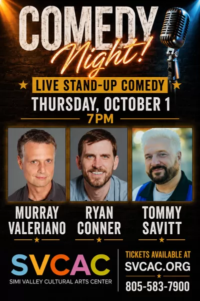 Promotional graphic for Thursday Night Comedy featuring bold red text, a black-and-white illustration of a laughing comedian, and a microphone on a stand. The graphic announces the event on O