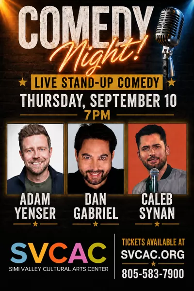 Poster for Simi Valley Cultural Arts Center “Comedy Night” featuring Adam Yenser, Tommy Savitt, and Al Ducharme