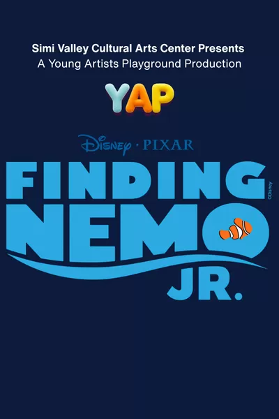 Graphic for a youth theater production of *Disney Pixar Finding Nemo Jr.* presented by the Simi Valley Cultural Arts Center. The poster features a dark blue ocean-themed background with white
