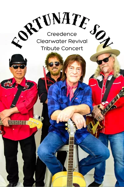 Promotional graphic for Fortunate Son: Creedence Clearwater Revival Tribute Concert featuring four band members standing with guitars against a white background. The title "Fortunate Son" app