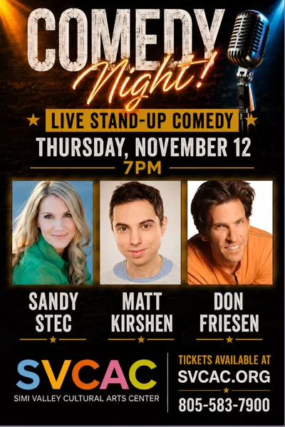 Promotional graphic for Thursday Night Comedy featuring bold red text, a black-and-white illustration of a laughing comedian, and a microphone on a stand. The graphic announces the event on N
