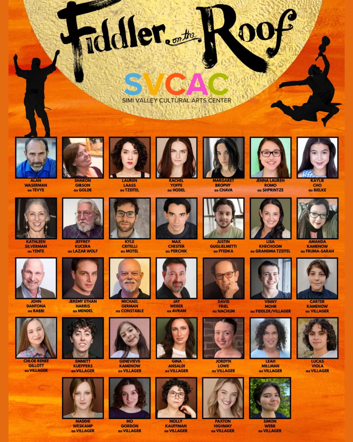 Alt text: Promotional cast poster for “Fiddler on the Roof” presented by the Simi Valley Cultural Arts Center (SVCAC). The poster features an orange textured background with a large cream-colored circle behind the title at the top. Black silhouette figures of dancers appear on both sides. Below the title is a grid of headshots with actor names and roles beneath each image. Featured cast includes Alan Wasserman as Tevye, Sharon Gibson as Golde, Lauren Laass as Tzeitel, Rachel Yoffe as Hodel, Margaret Brophy as Chava, Jenna Lauren Romo as Shprintze, and Kaylie Cho as Bielke, along with supporting cast and ensemble members. The layout resembles a theatrical playbill or promotional cast announcement.